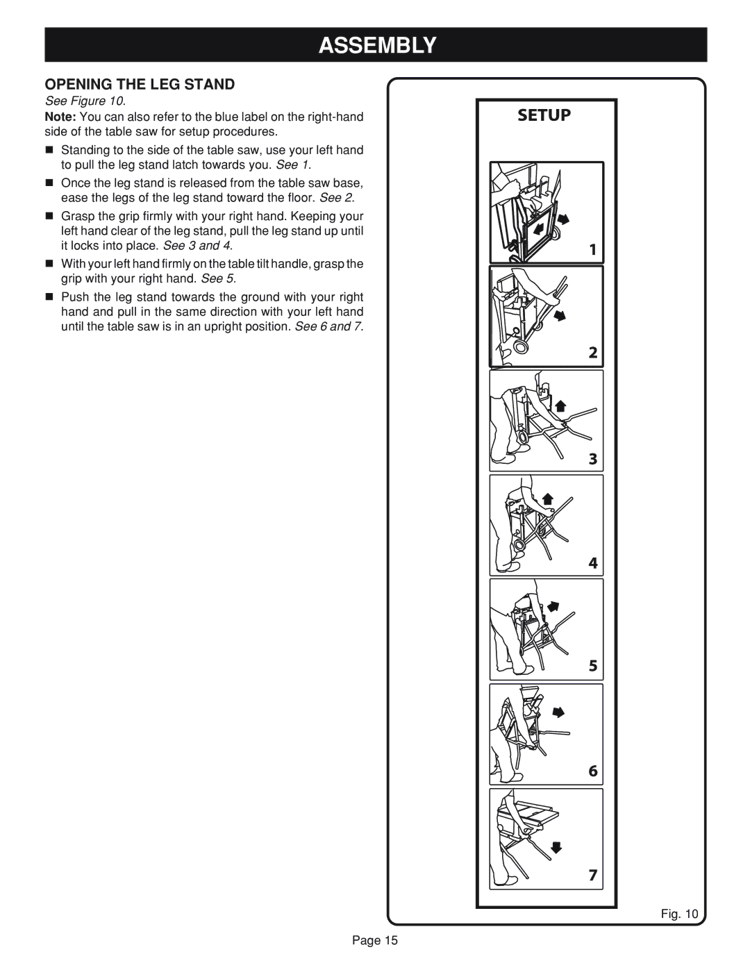 Ryobi BTS20 manual Opening the LEG Stand 