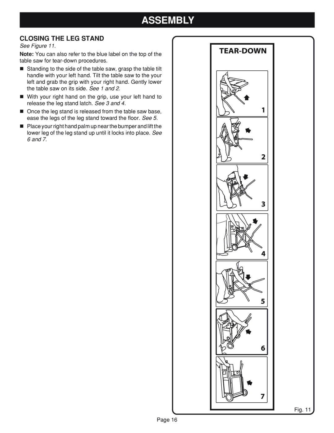 Ryobi BTS20 manual Closing the LEG Stand 