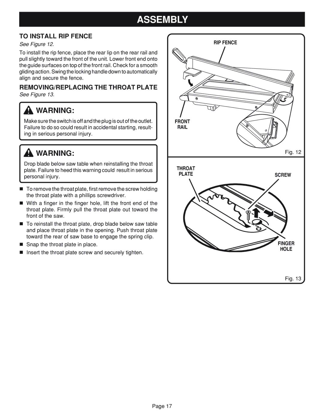 Ryobi BTS20 manual To Install RIP Fence, REMOVING/REPLACING the Throat Plate, RIP Fence Front Rail, Finger Hole 