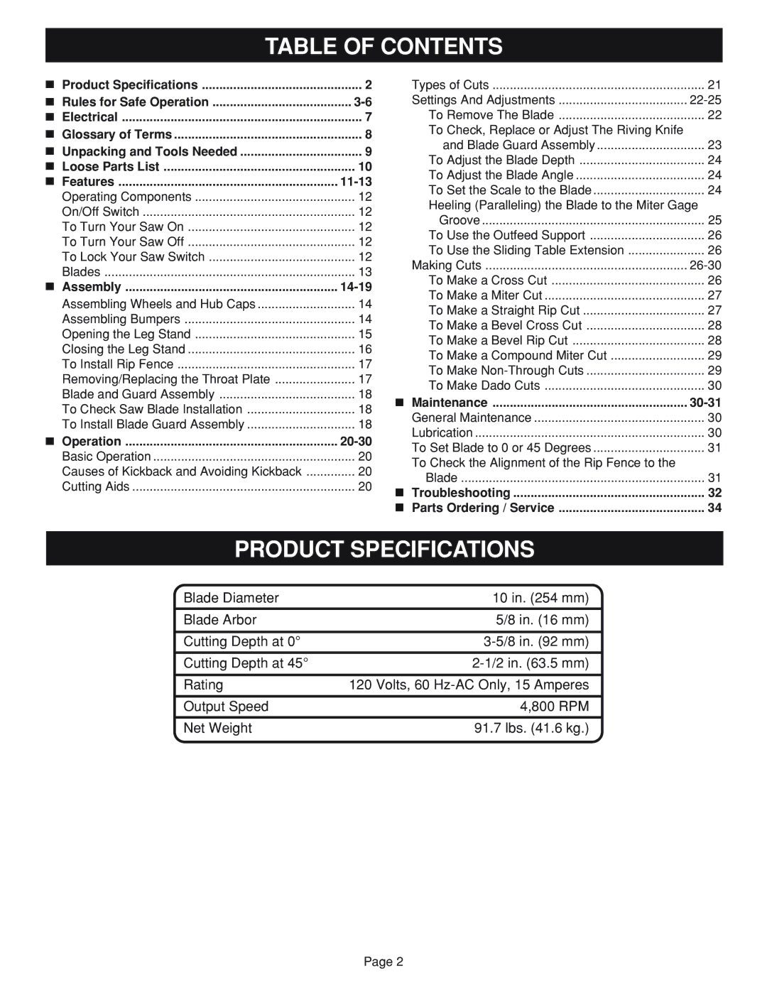 Ryobi BTS20 manual Table of Contents, Product Specifications 