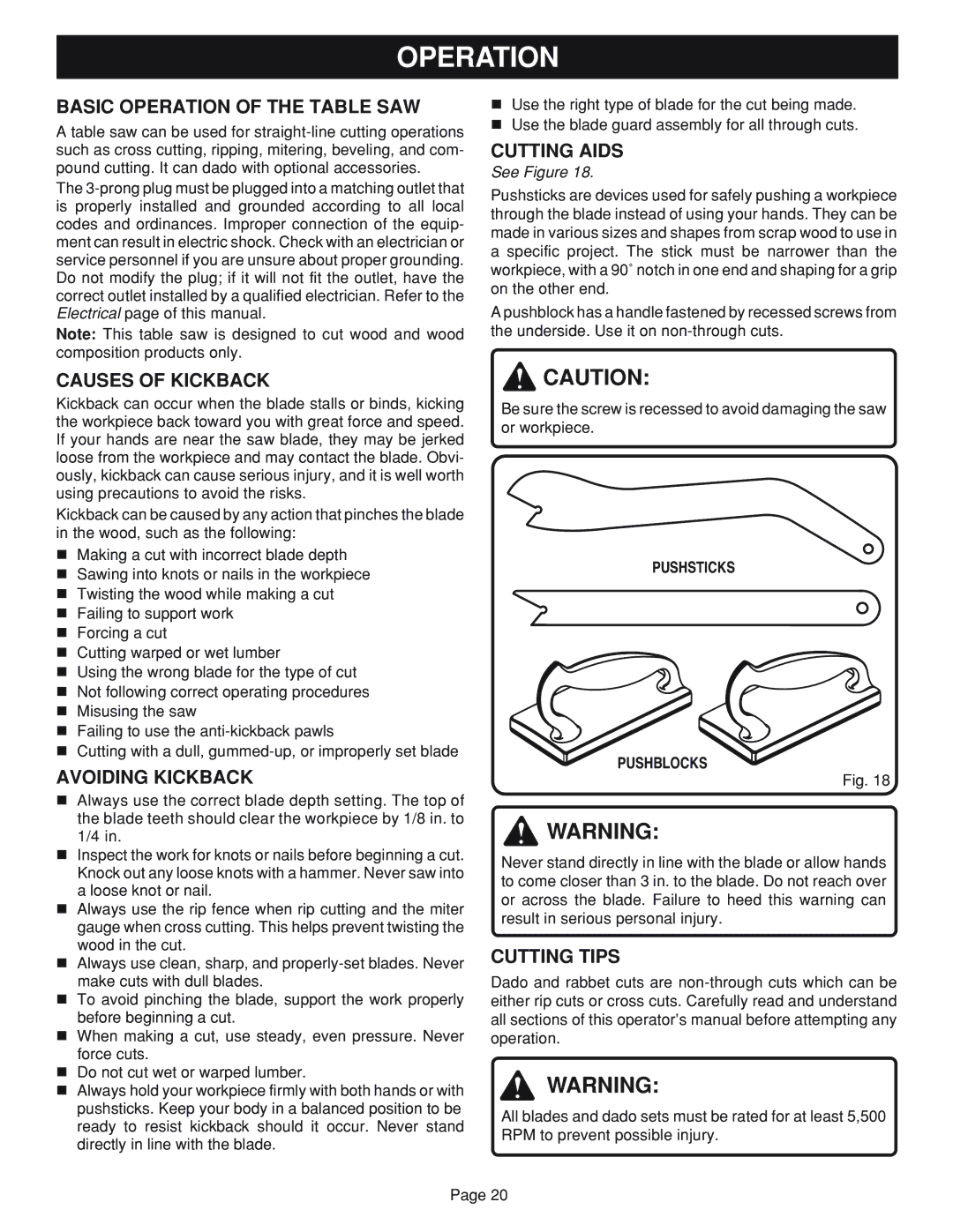 Ryobi BTS20 manual Operation 