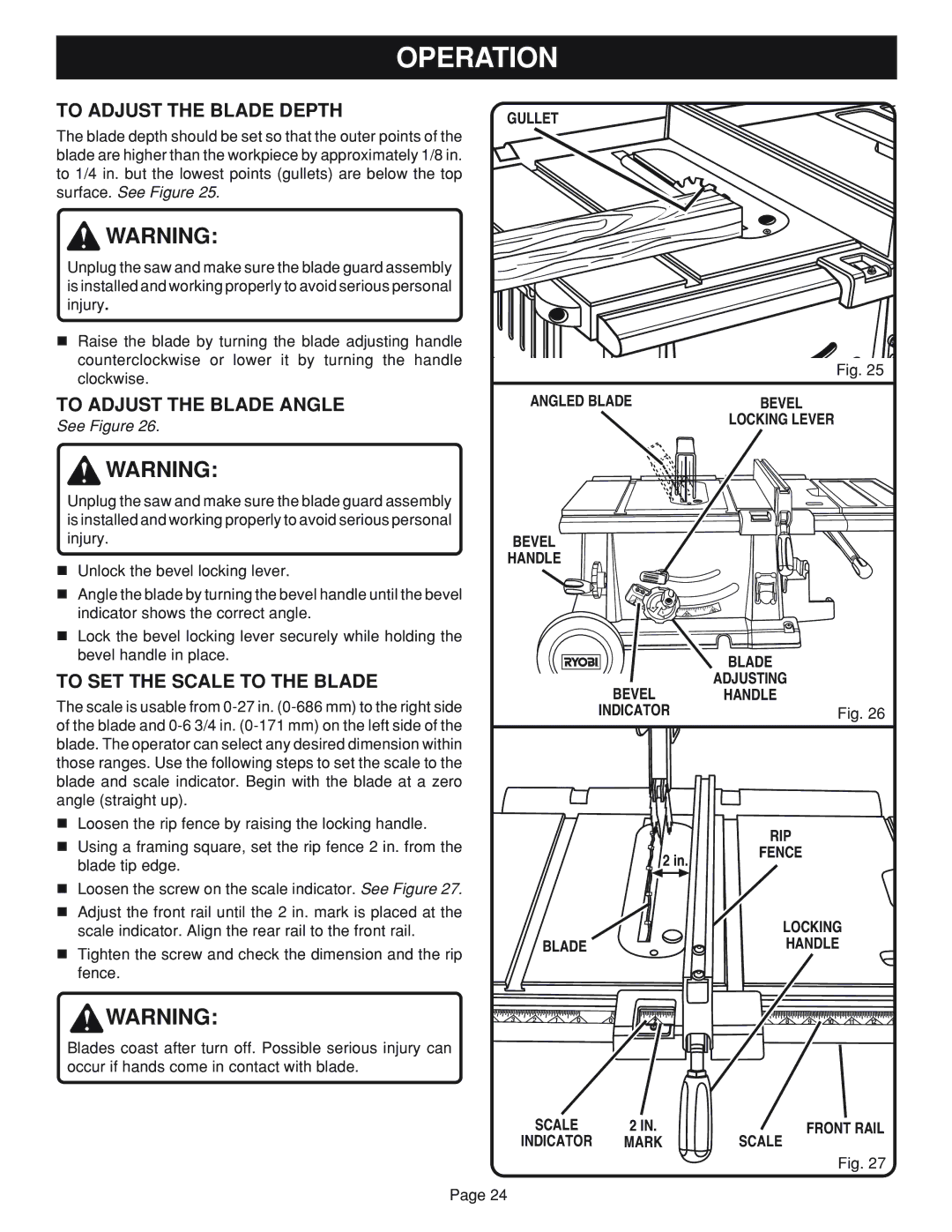 Ryobi BTS20 manual To Adjust the Blade Depth, To Adjust the Blade Angle, To SET the Scale to the Blade 