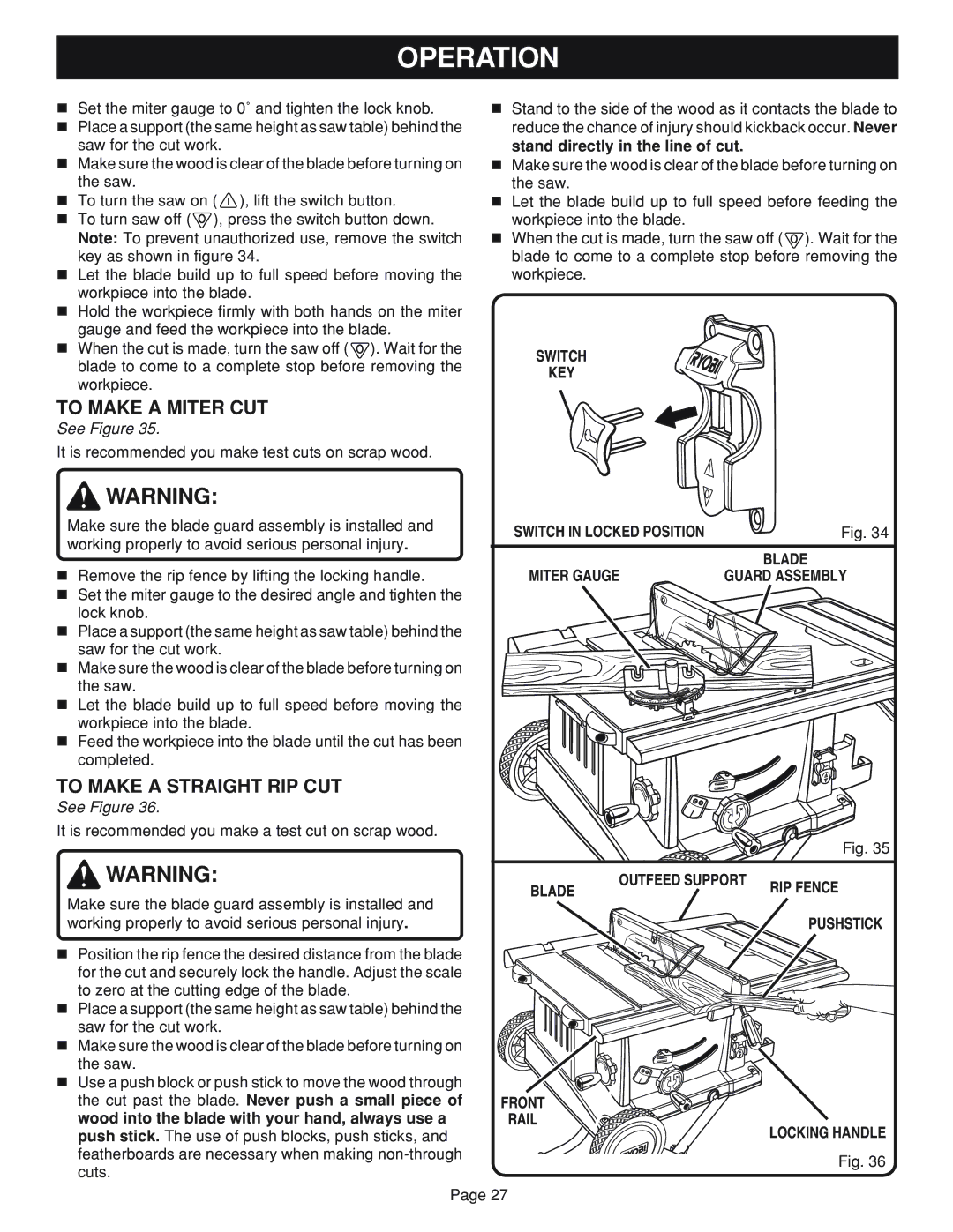 Ryobi BTS20 manual To Make a Miter CUT, To Make a Straight RIP CUT 