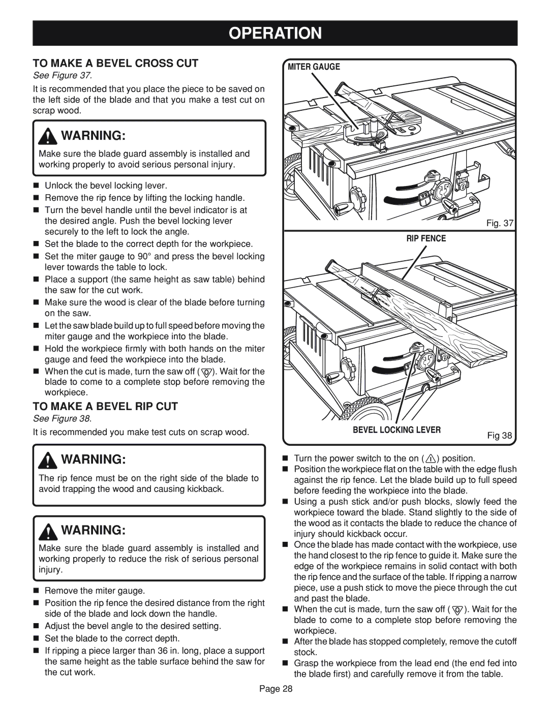 Ryobi BTS20 manual To Make a Bevel Cross CUT, To Make a Bevel RIP CUT, Miter Gauge RIP Fence Bevel Locking Lever 