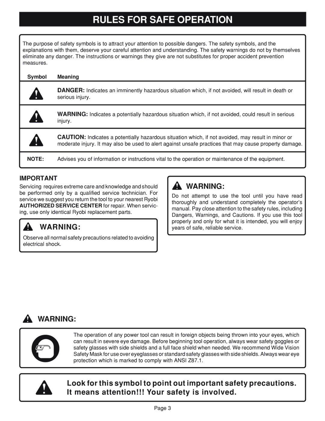 Ryobi BTS20 manual Rules for Safe Operation, Symbol Meaning 