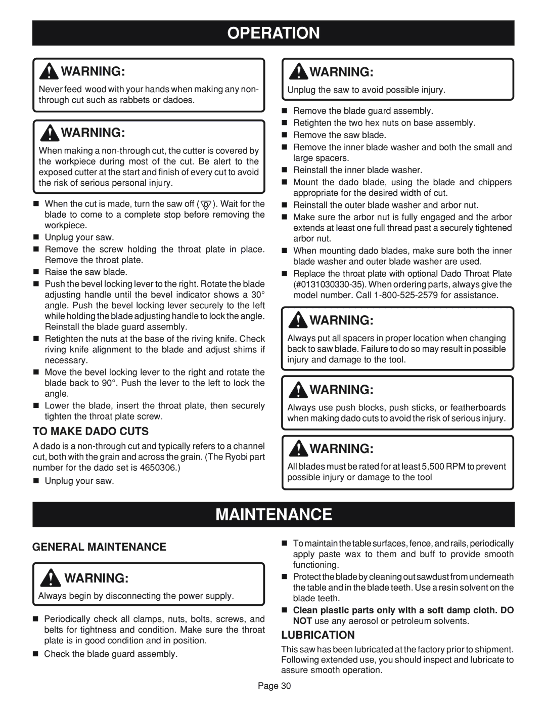 Ryobi BTS20 manual To Make Dado Cuts, General Maintenance, Lubrication 