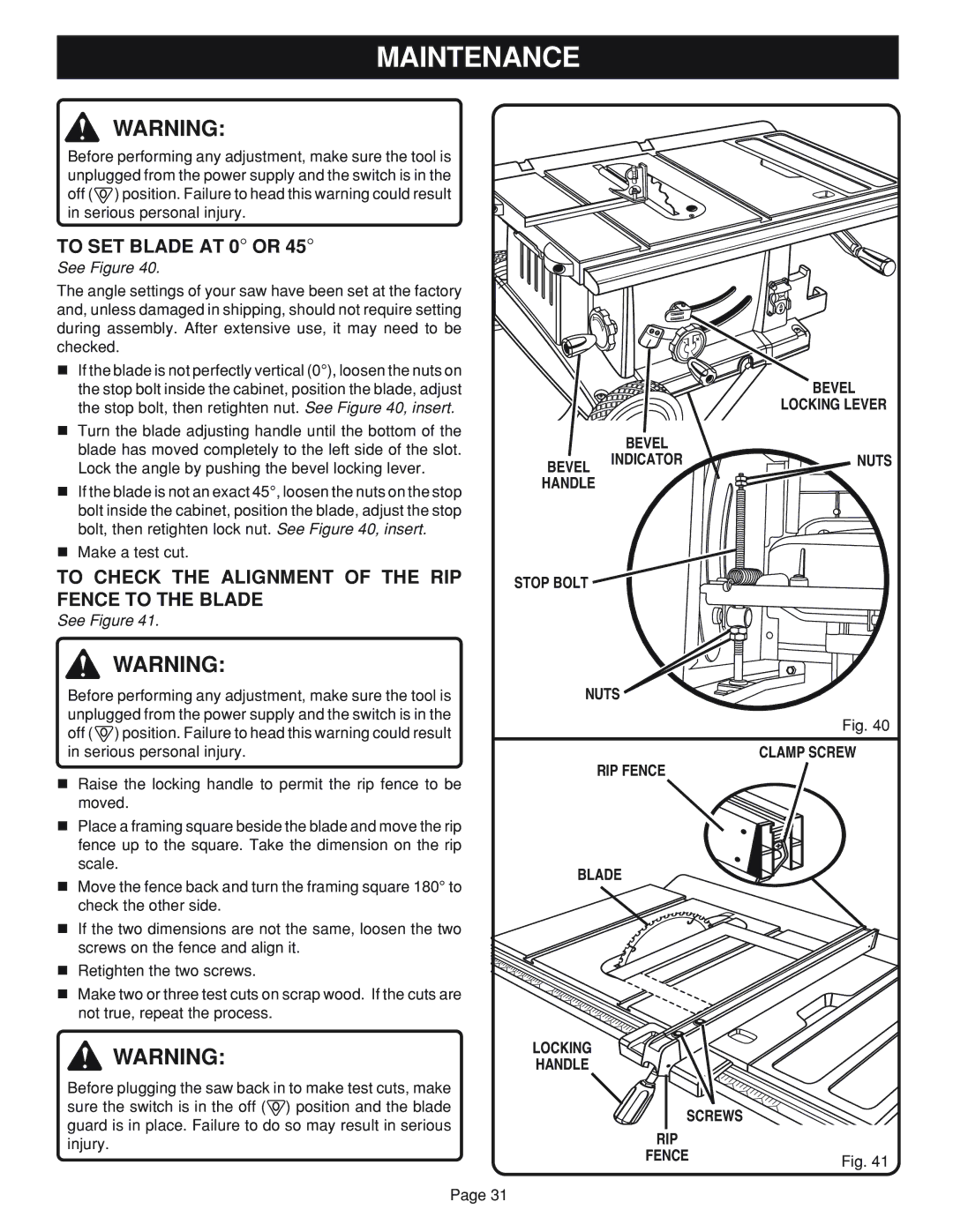 Ryobi BTS20 manual To SET Blade AT 0 or, To Check the Alignment of the RIP Fence to the Blade, Stop Bolt 