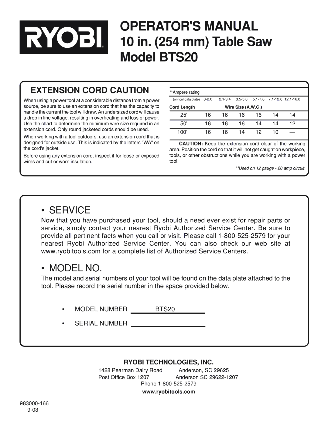 Ryobi manual Operators Manual 10 in mm Table Saw Model BTS20, Ryobi TECHNOLOGIES, INC 