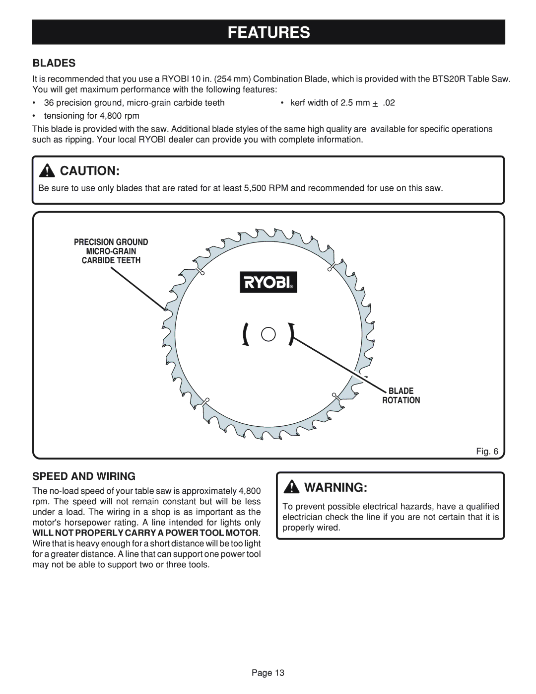 Ryobi bts20r manual Blades, Speed and Wiring, Precision Ground MICRO-GRAIN Carbide Teeth Blade Rotation 