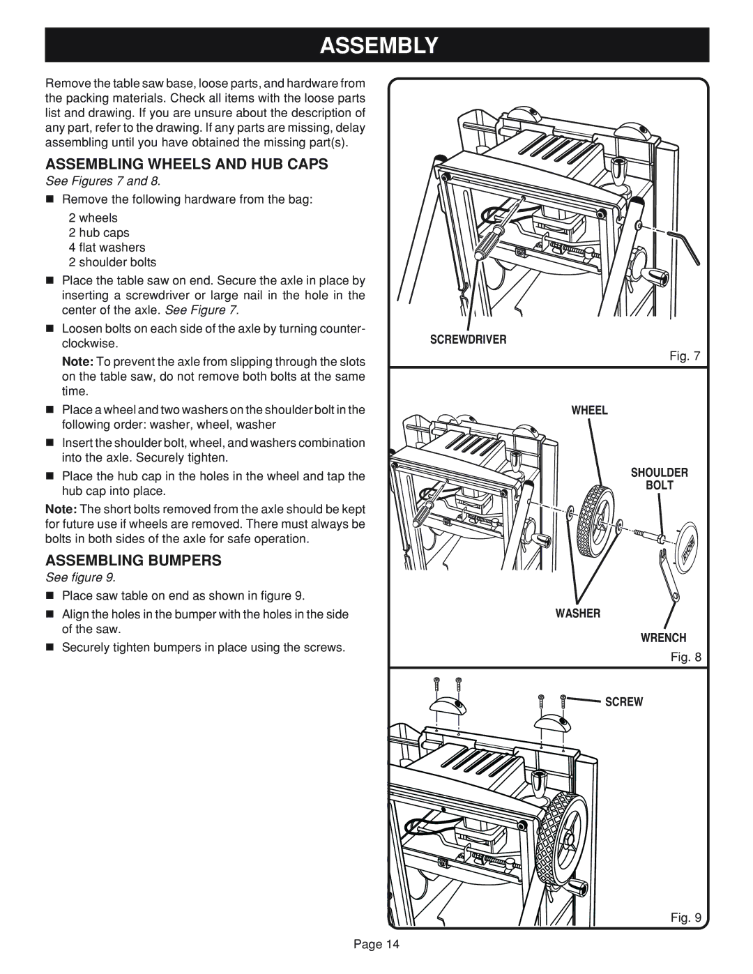 Ryobi bts20r manual Assembly, Assembling Wheels and HUB Caps, Assembling Bumpers, Washer Wrench Screw 