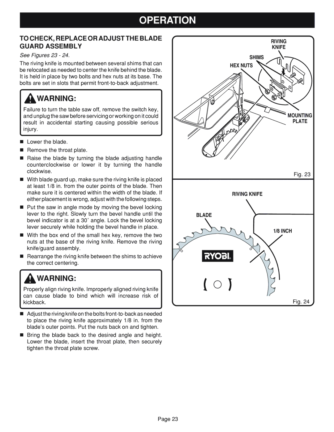 Ryobi bts20r manual To CHECK, Replace or Adjust the Blade Guard Assembly, Riving Knife Shims HEX Nuts, Inch 