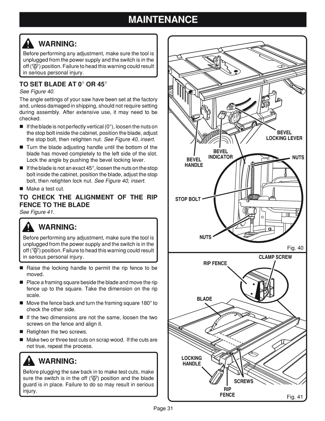 Ryobi bts20r manual To SET Blade AT 0 or, To Check the Alignment of the RIP Fence to the Blade, Stop Bolt 