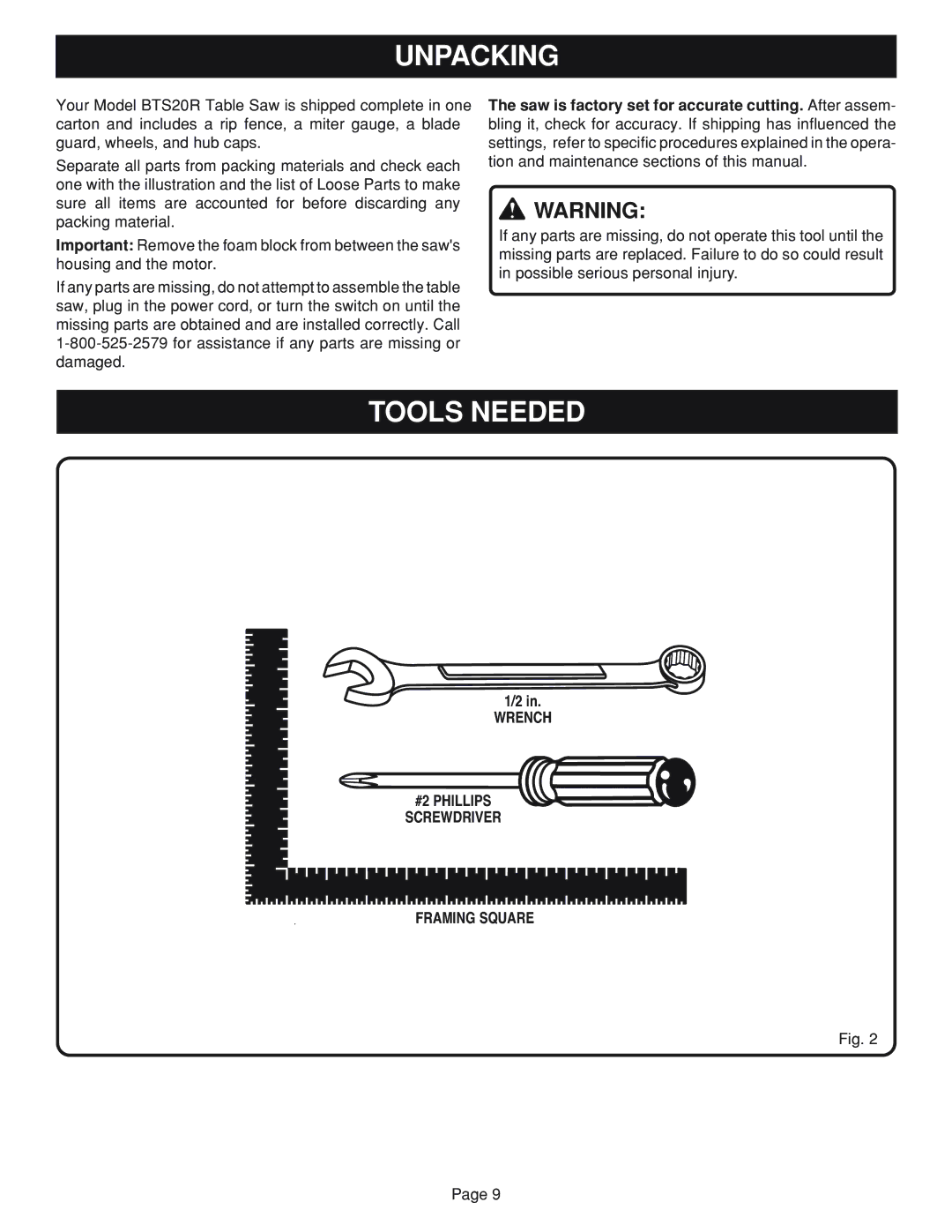 Ryobi bts20r manual Unpacking, Tools Needed, Wrench #2 Phillips Screwdriver Framing Square 