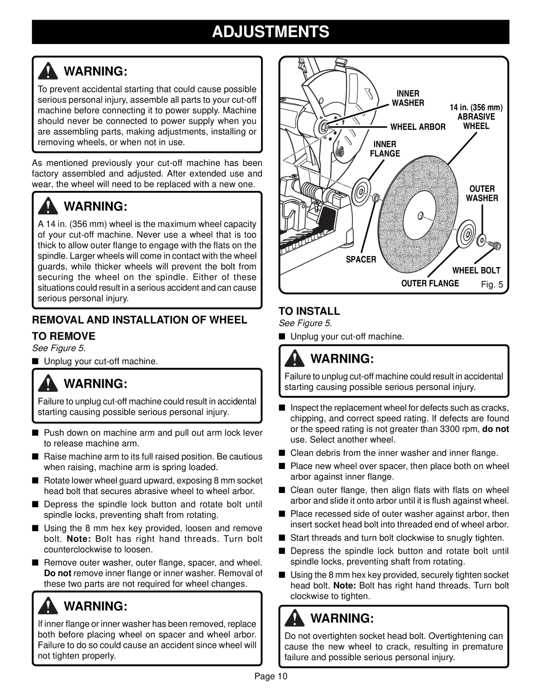 Ryobi C2600 warranty Adjustments, Removal and Installation of Wheel To Remove, To Install, Spacer Wheel Bolt Outer Flange 