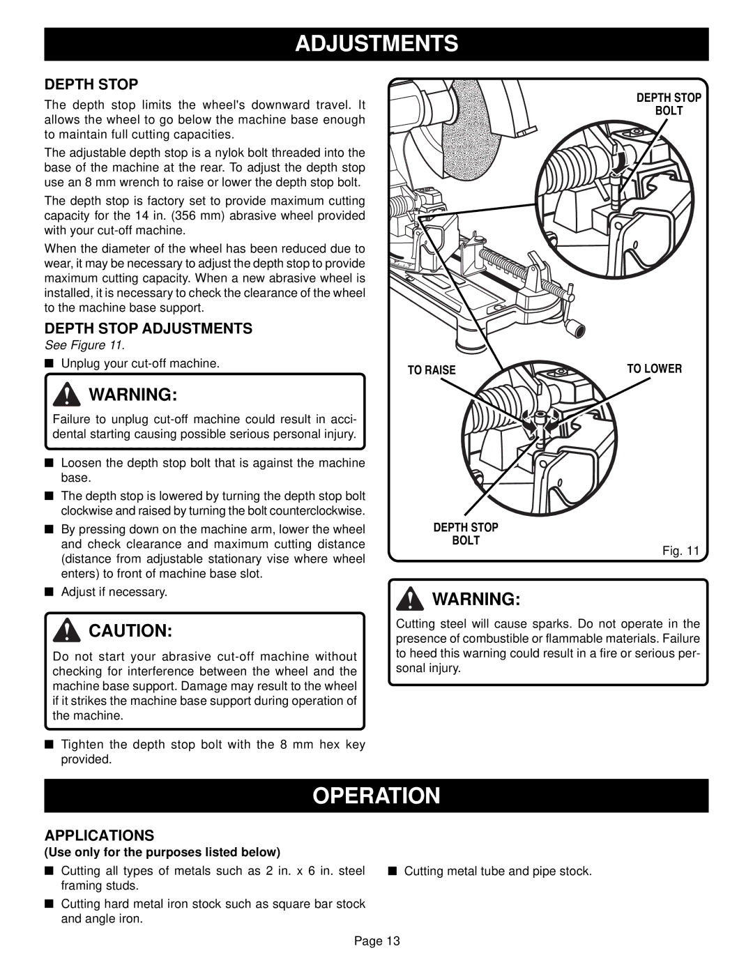 Ryobi C2600 warranty Operation, Depth Stop Adjustments, Applications 