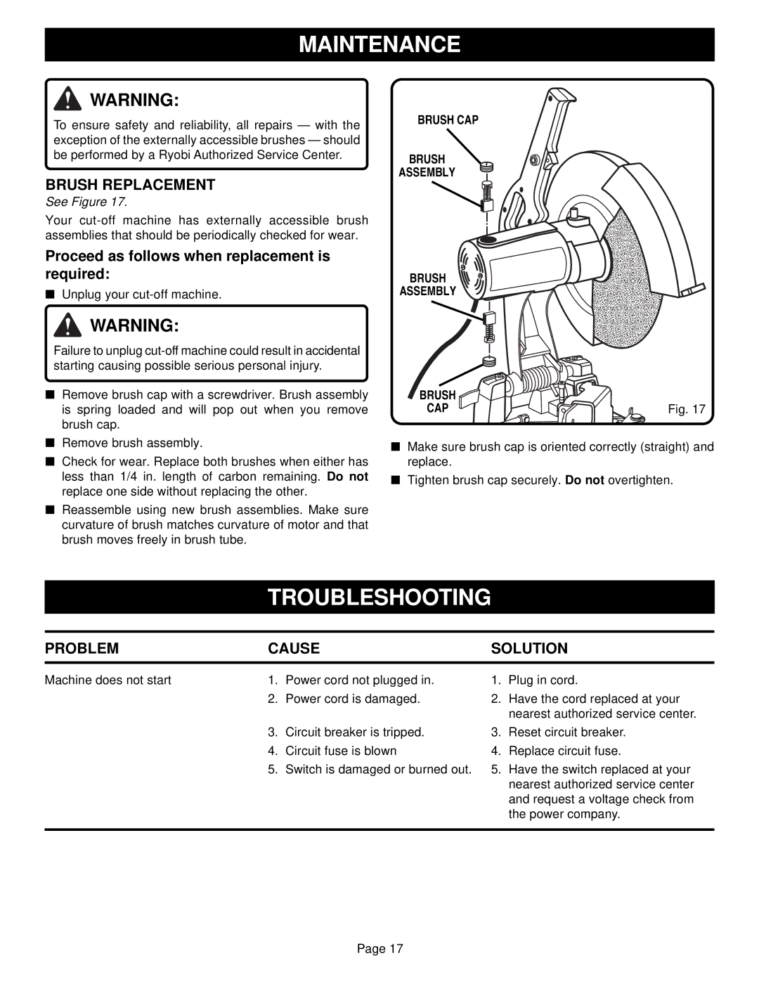 Ryobi C2600 warranty Troubleshooting, Brush Replacement, Problem Cause Solution, Brush CAP Assembly 