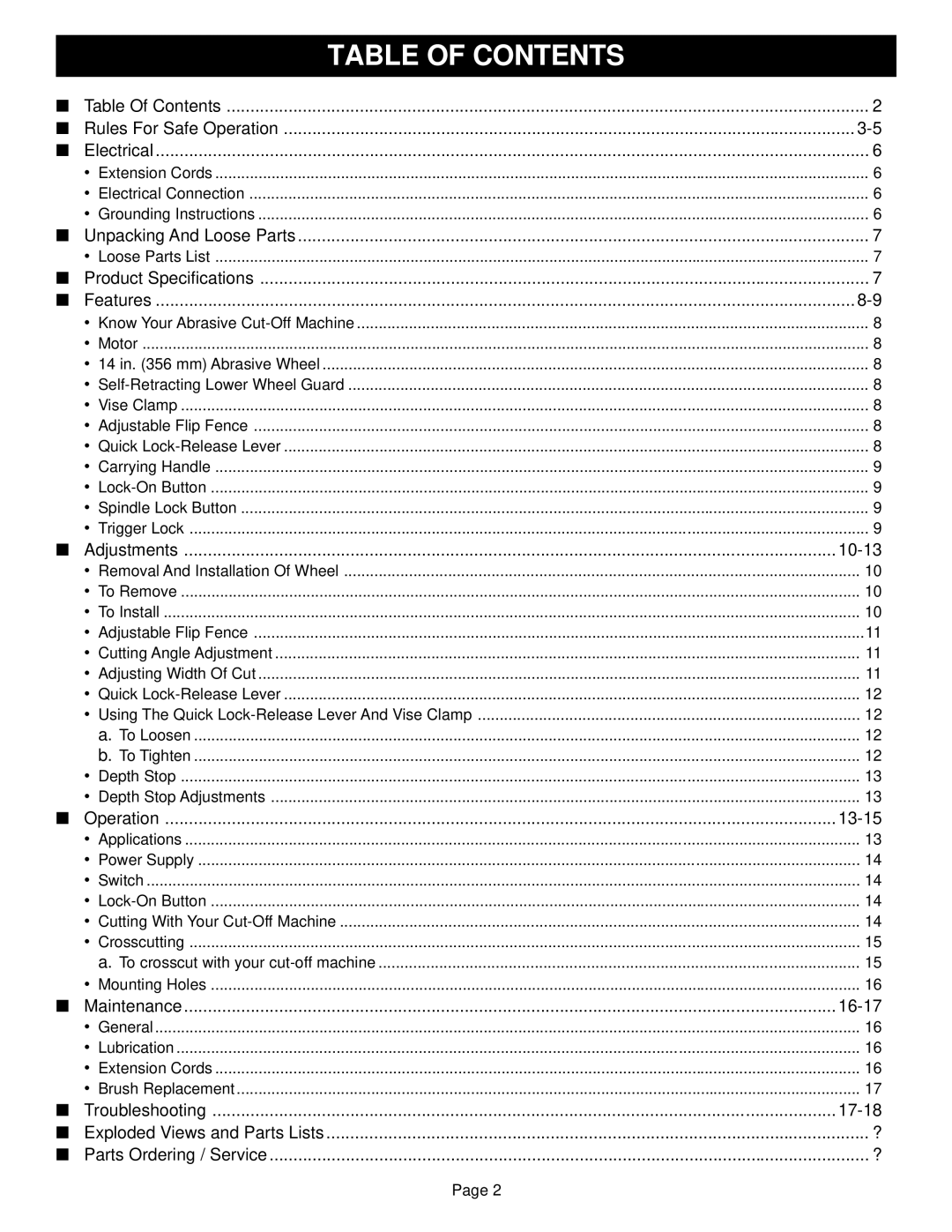 Ryobi C2600 warranty Table of Contents 