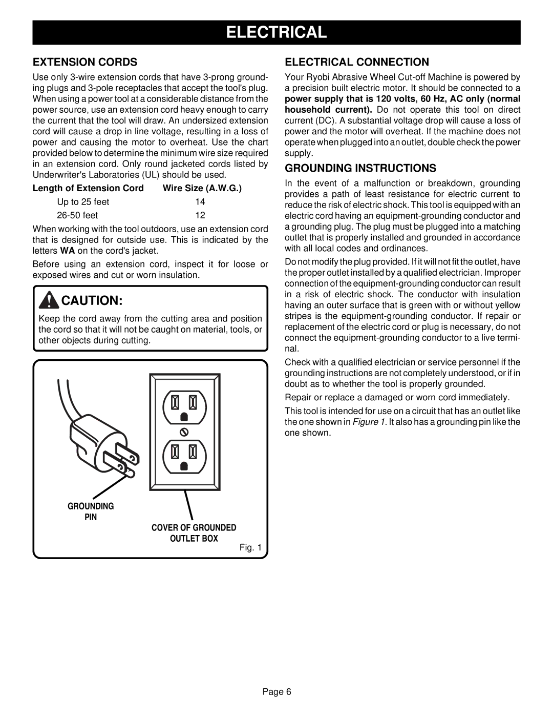 Ryobi C2600 Extension Cords, Electrical Connection, Grounding Instructions, Grounding PIN Cover of Grounded Outlet BOX 