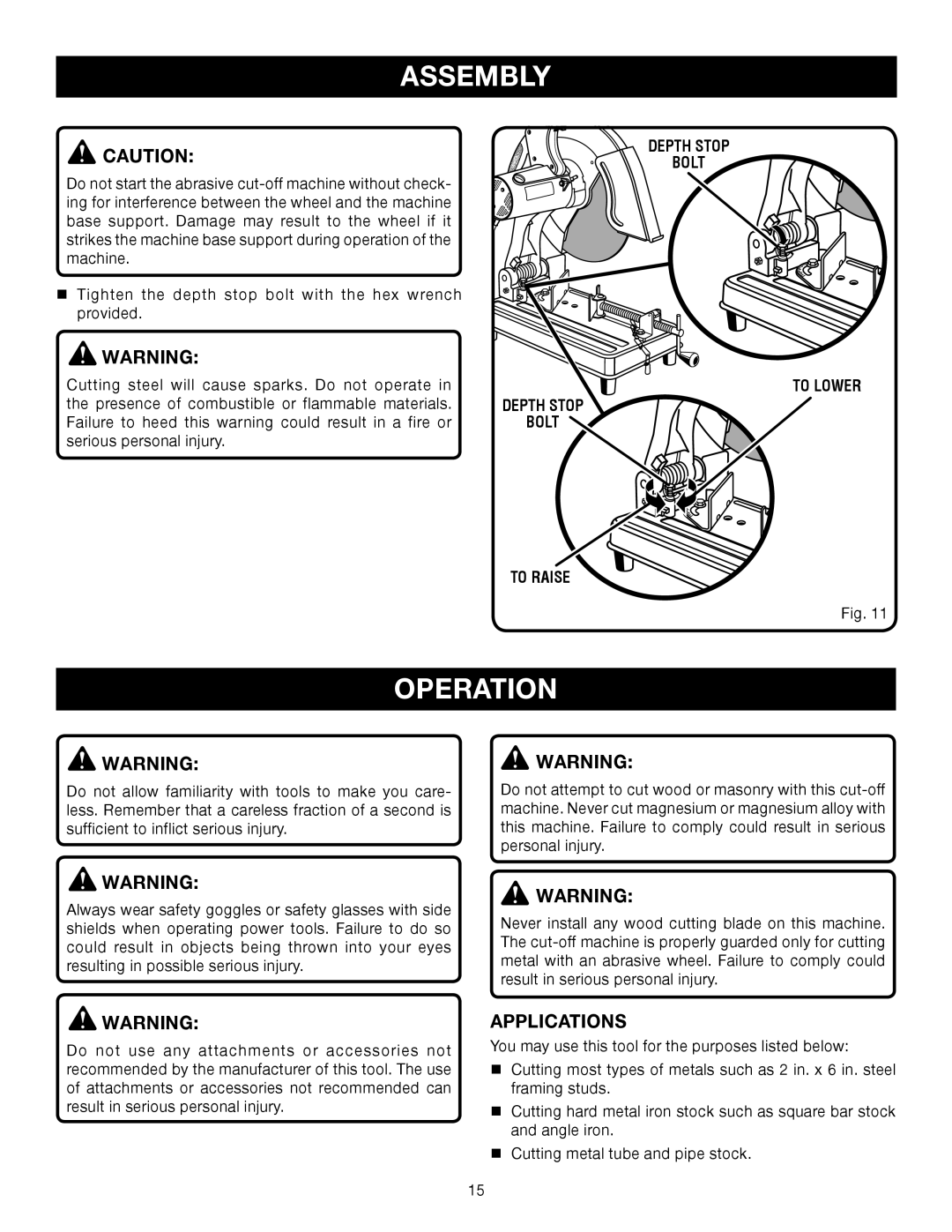 Ryobi C358 manual Operation, Applications, Depth Stop Bolt To Lower To Raise 