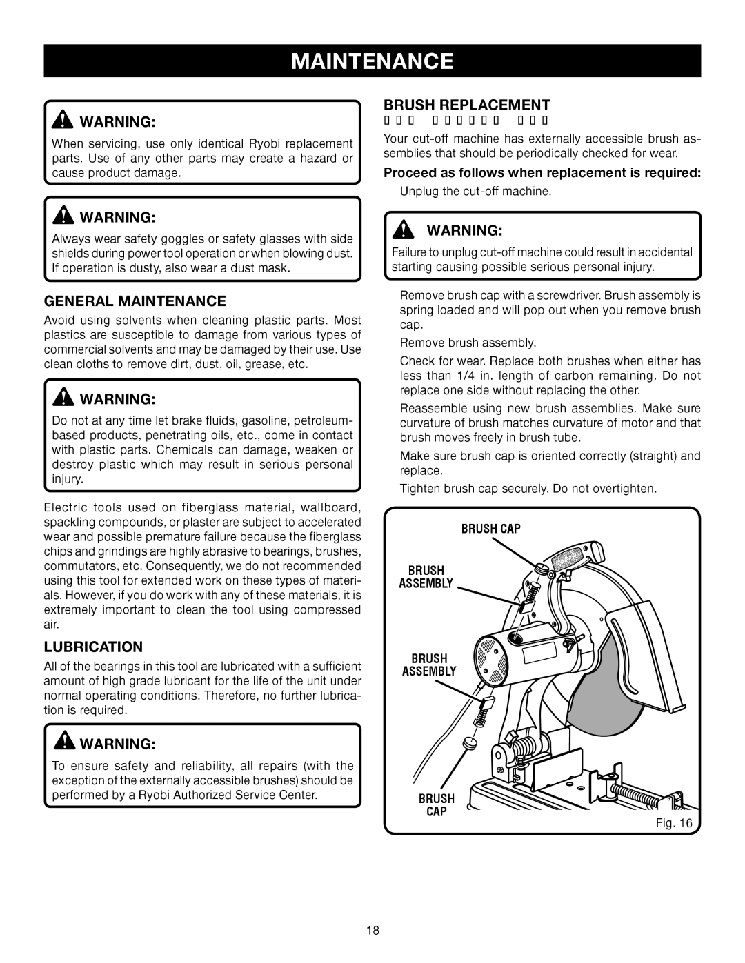 Ryobi C358 manual General Maintenance, Lubrication, Brush Replacement, Brush CAP Assembly 