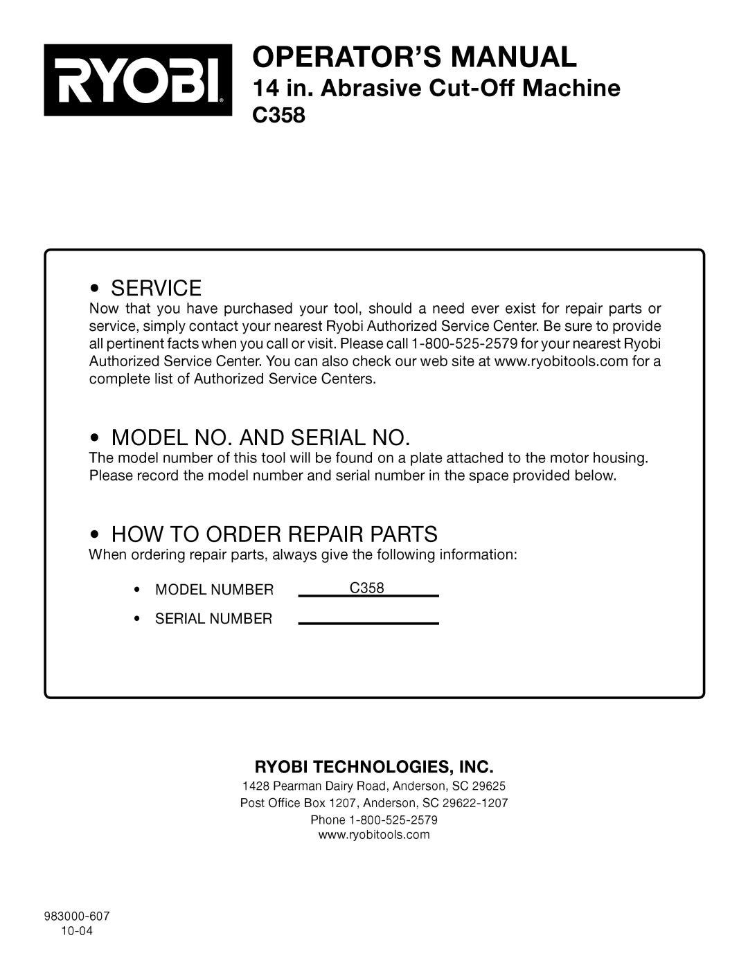 Ryobi C358 manual Service Model NO. and Serial no 