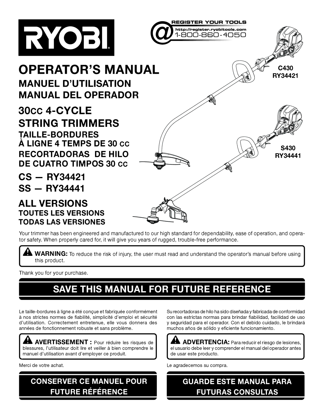 Ryobi S430 RY34441, C430 RY34421 manuel dutilisation OPERATOR’S Manual, Save this Manual for Future Reference 