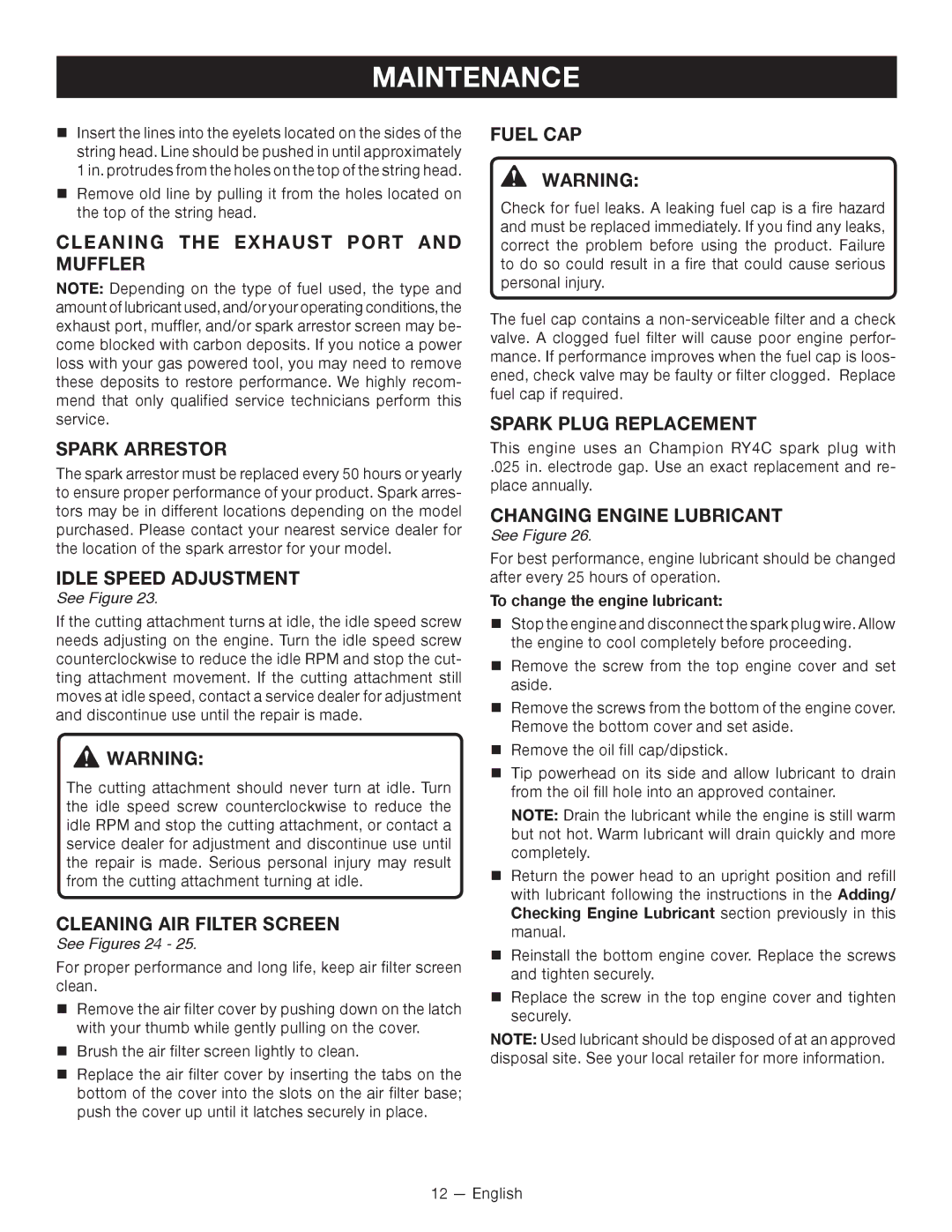 Ryobi C430 RY34421 Cleaning the Exhaust Port and Muffler Spark Arrestor, Idle Speed Adjustment, Cleaning AIR Filter Screen 