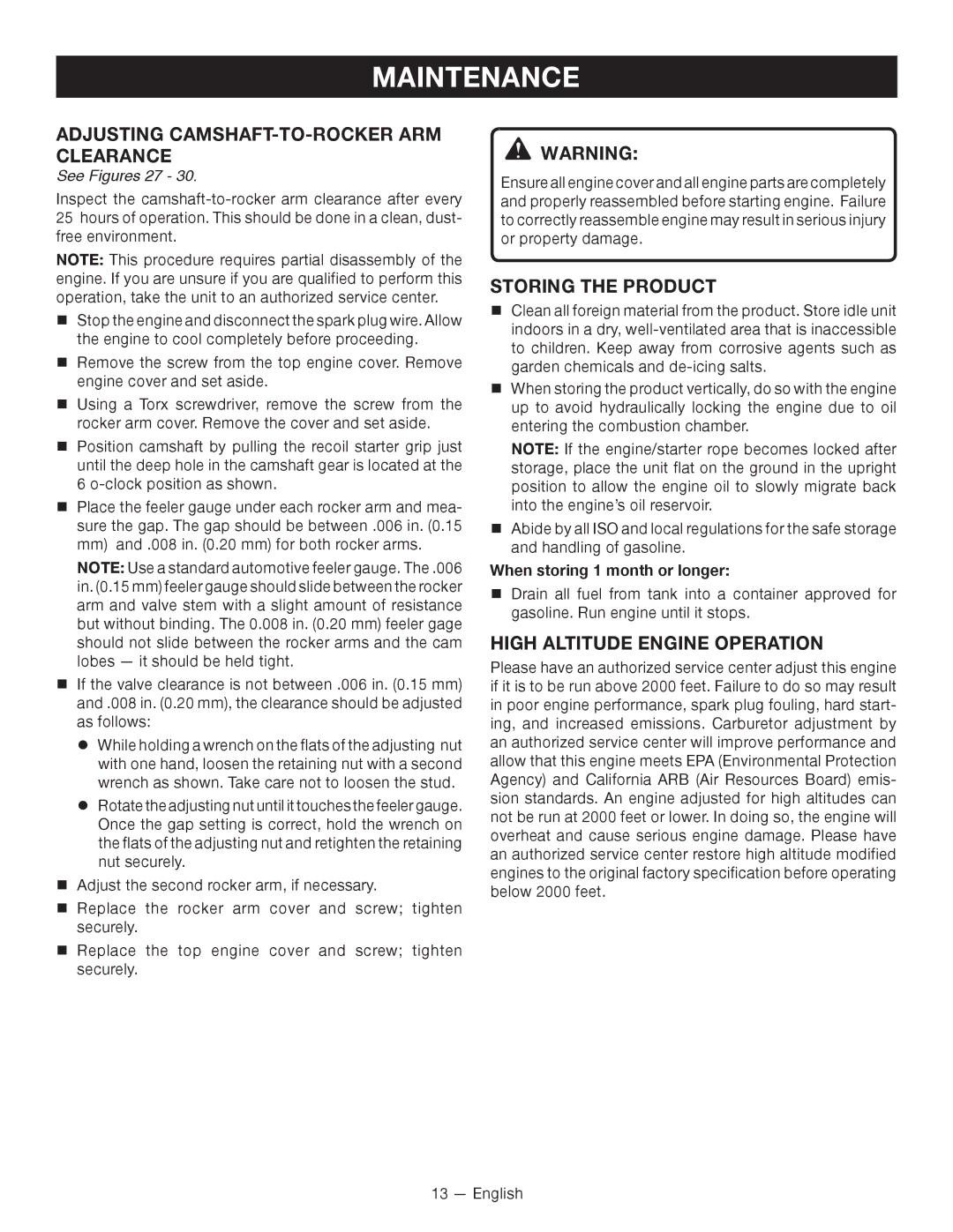 Ryobi S430 RY34441 Adjusting CAMSHAFT-TO-ROCKER ARM Clearance, Storing the Product, High Altitude Engine Operation 