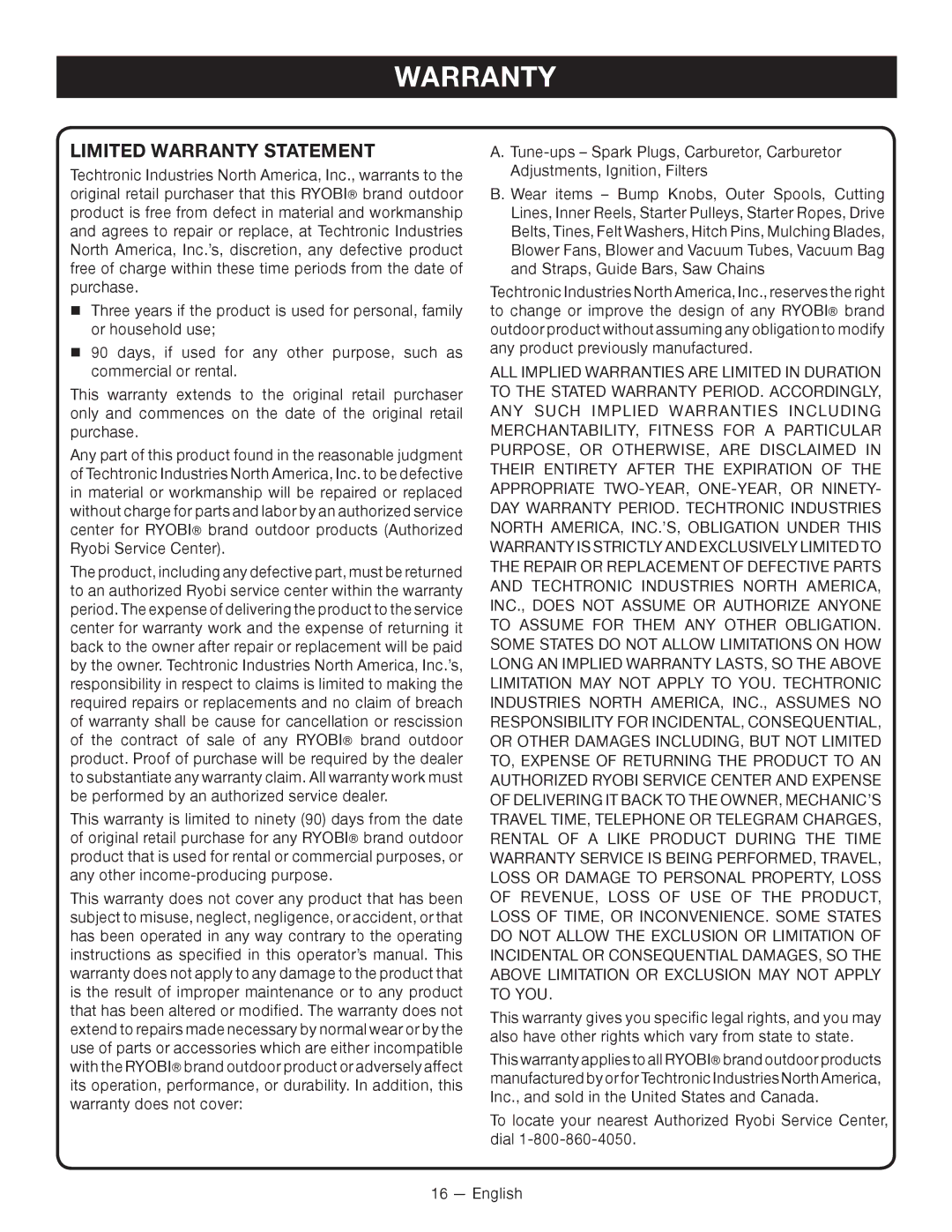 Ryobi C430 RY34421, S430 RY34441 manuel dutilisation Limited Warranty Statement 