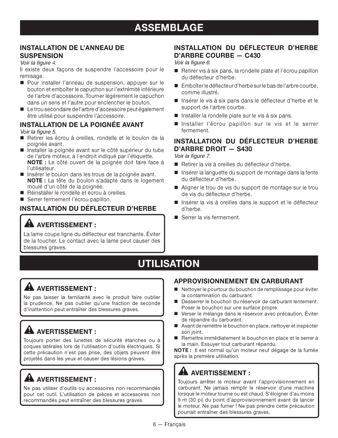 Ryobi C430 RY34421, S430 RY34441 manuel dutilisation Utilisation 