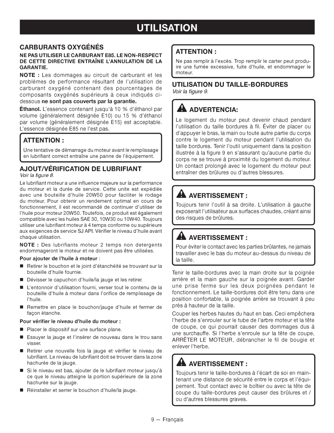 Ryobi S430 RY34441 Carburants Oxygénés, AJOUT/VÉRIFICATION DE Lubrifiant, Utilisation DU TAILLE-BORDURES, Advertencia 