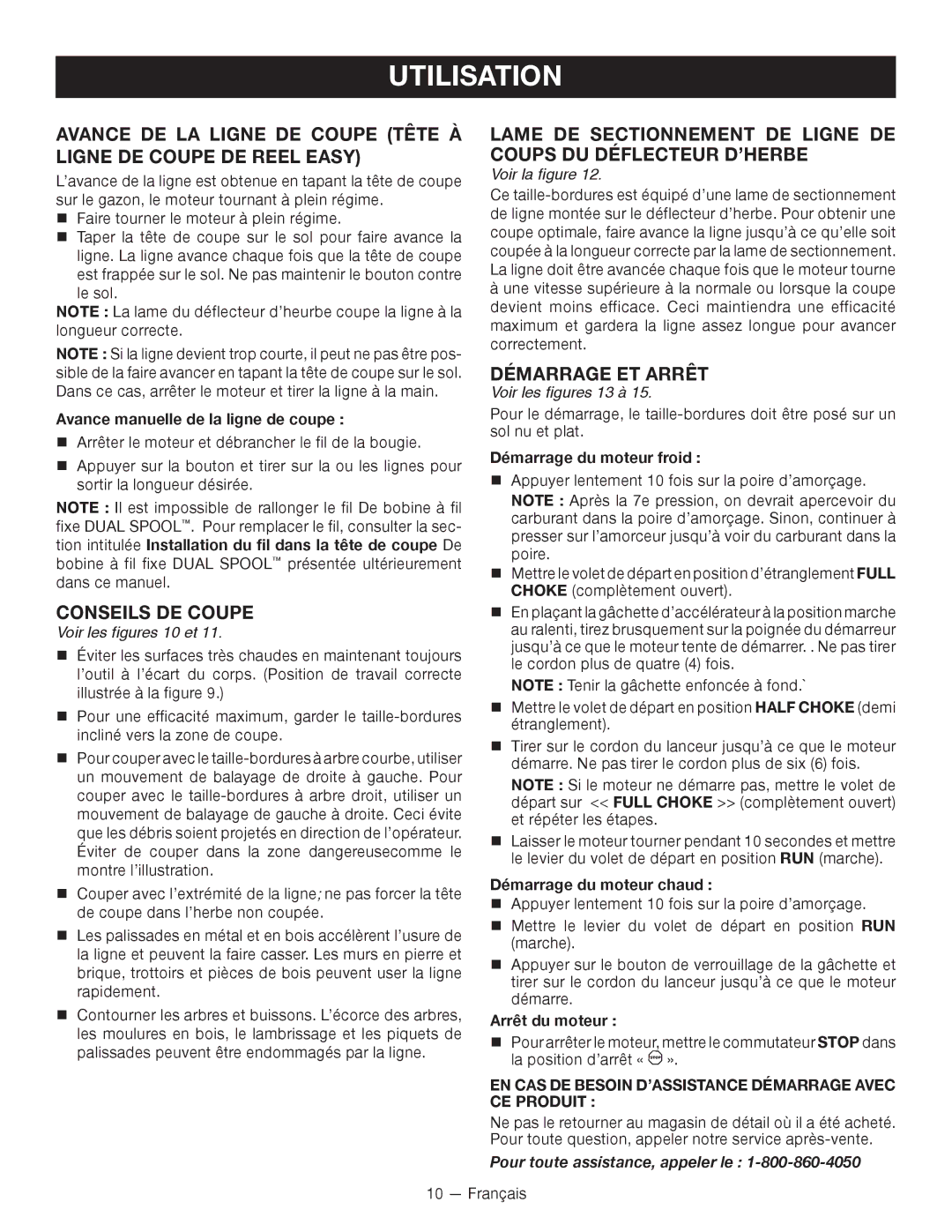 Ryobi C430 RY34421, S430 RY34441 Démarrage ET Arrêt, Conseils DE Coupe, Voir les figures 13 à, Voir les figures 10 et 