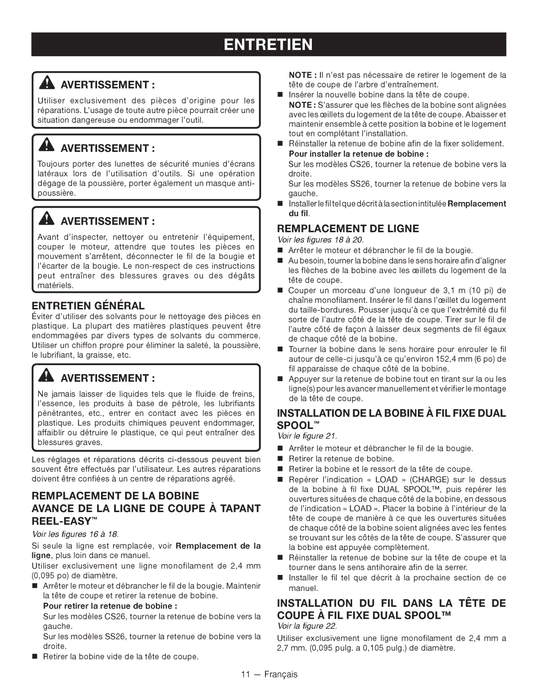 Ryobi S430 RY34441 Entretien Général, Remplacement DE Ligne, Installation DE LA Bobine À FIL Fixe Dual Spool 