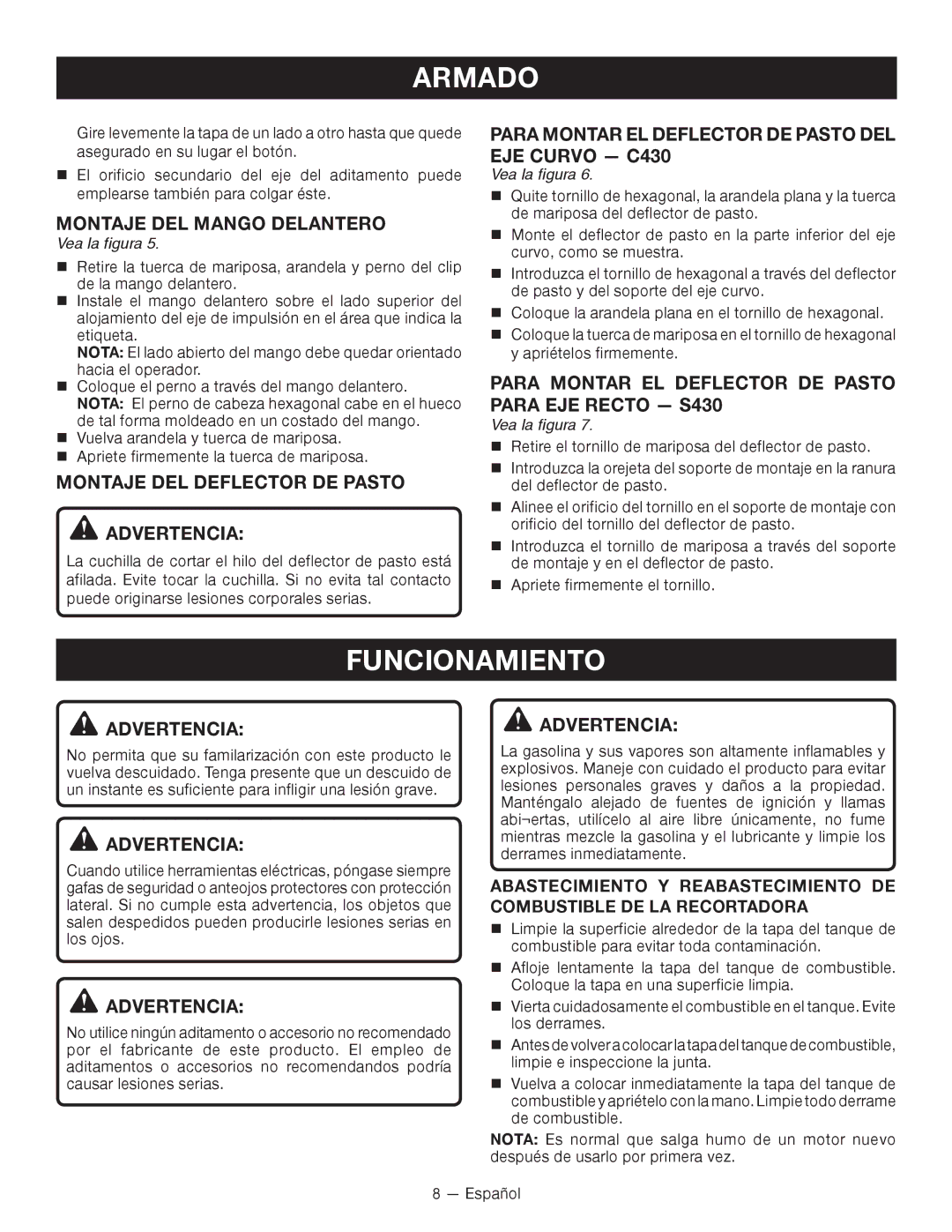 Ryobi C430 RY34421, S430 RY34441 Funcionamiento, Montaje DEL Mango Delantero, Montaje DEL Deflector DE Pasto Advertencia 