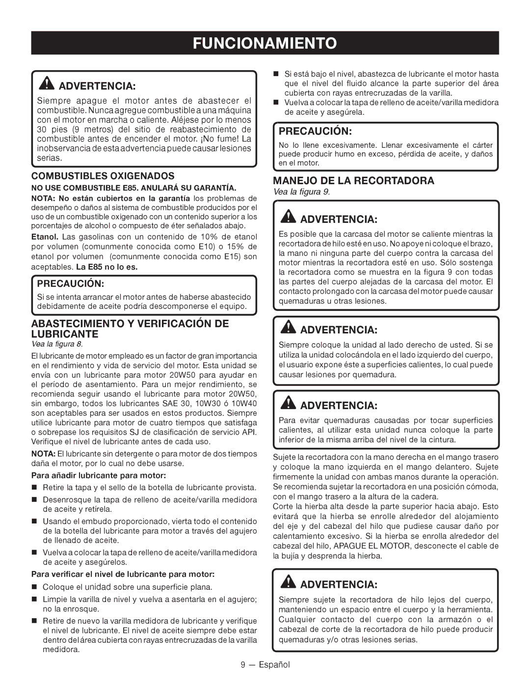 Ryobi S430 RY34441 Abastecimiento Y Verificación DE Lubricante, Manejo DE LA Recortadora, Aceptables. La E85 no lo es 