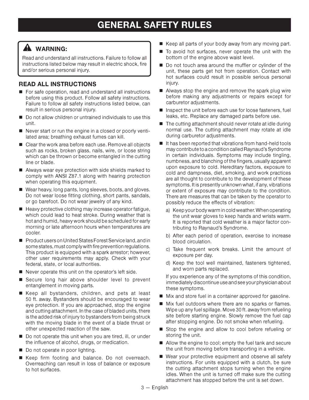 Ryobi S430 RY34441, C430 RY34421 manuel dutilisation General Safety Rules, Read ALL Instructions 