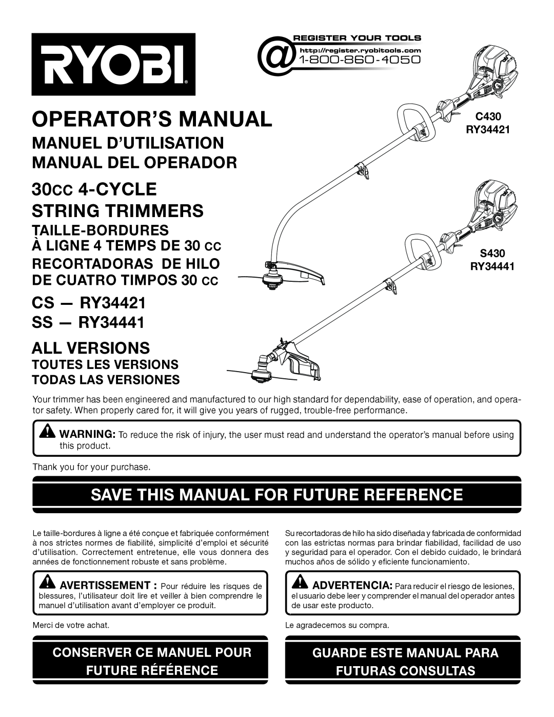 Ryobi S430 RY34441 manuel dutilisation 30CC 4-CYCLE, String Trimmers, Manuel D’Utilisation Manual Del Operador 