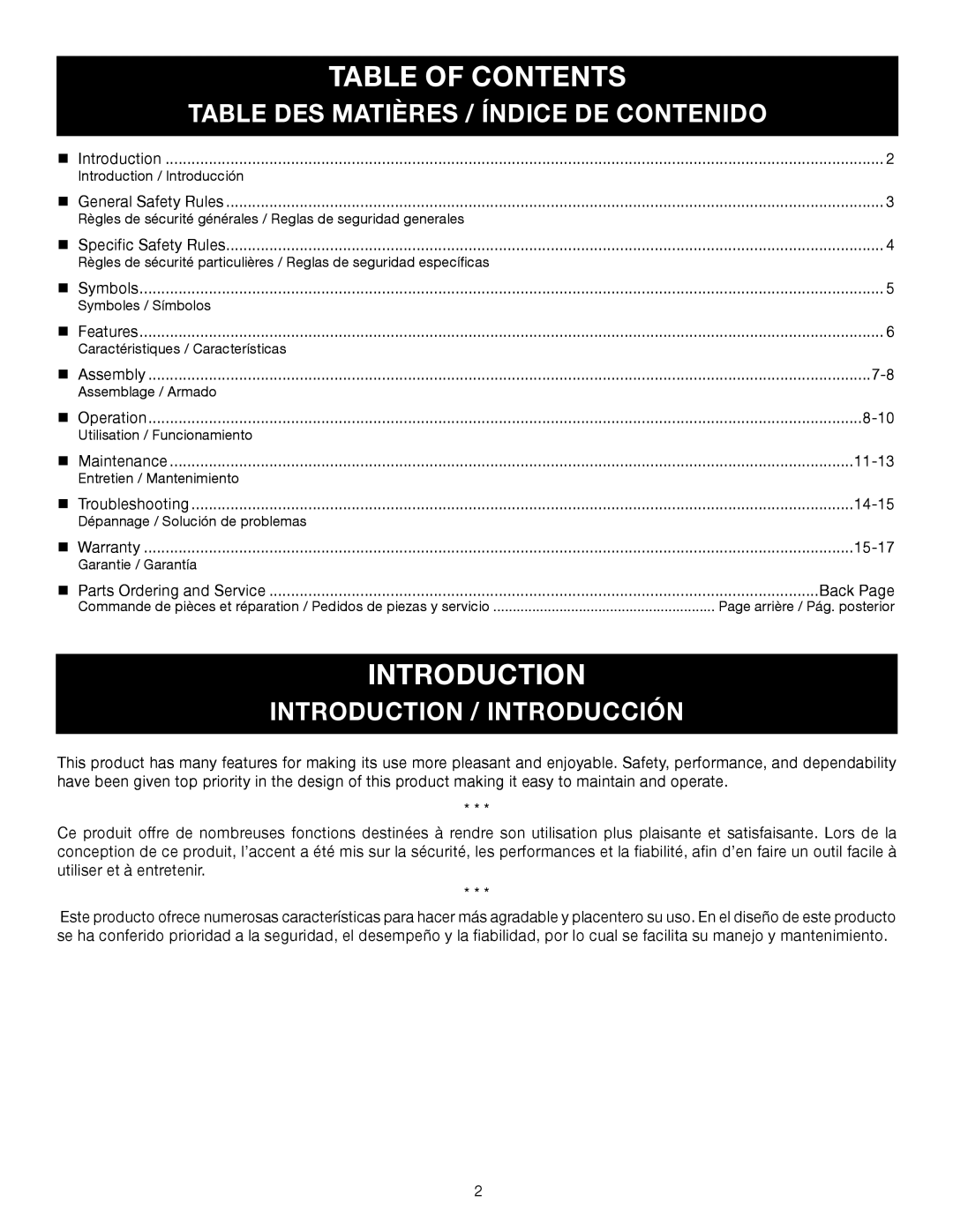 Ryobi C430 RY34421 Table Of Contents, Table Des Matières / Índice De Contenido, Introduction / Introducción 