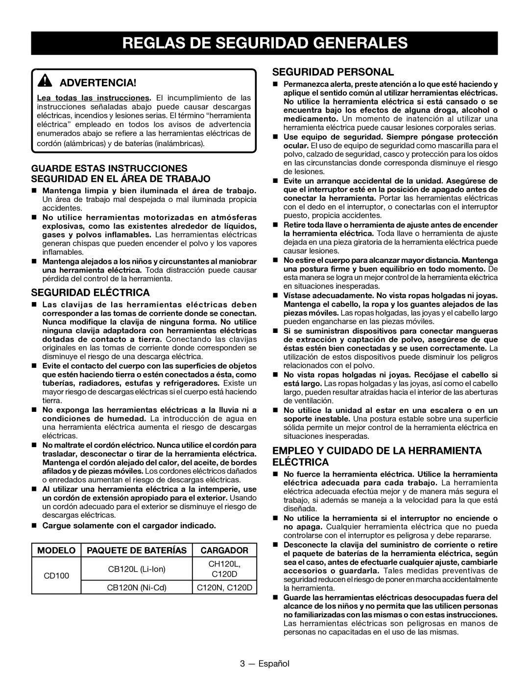 Ryobi CD100 manuel dutilisation Reglas de seguridad generales, Advertencia, Seguridad Personal, Seguridad Eléctrica 