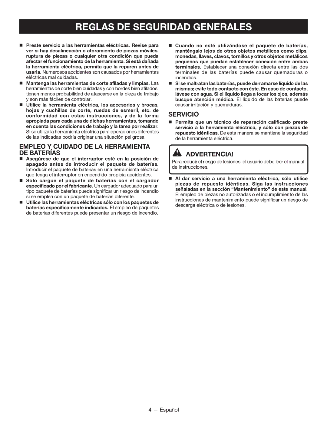 Ryobi CD100 manuel dutilisation Empleo Y Cuidado DE LA Herramienta DE BateríaS, Servicio 