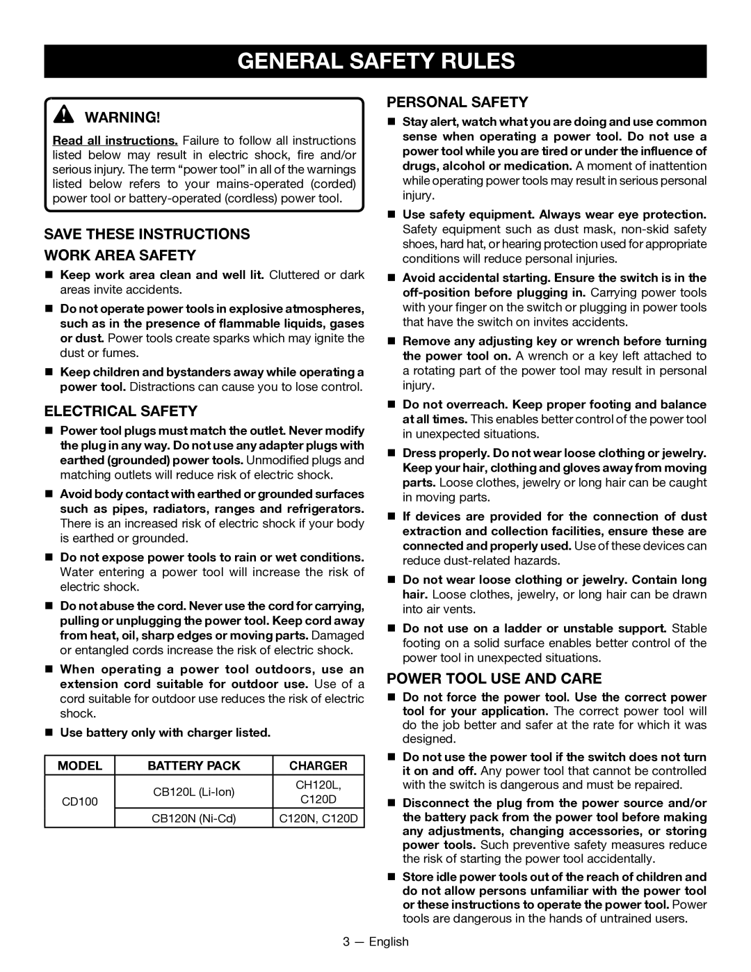 Ryobi CD100 General Safety Rules, Personal Safety, Electrical Safety, Power Tool USE and Care, Model Battery Pack Charger 