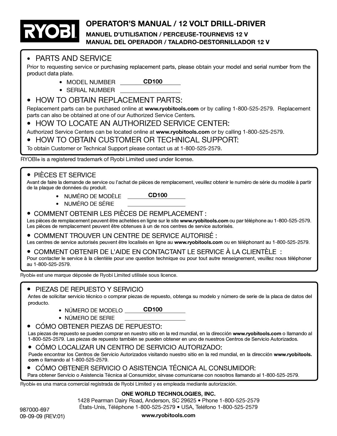 Ryobi CD100 manuel dutilisation OPERATOR’S Manual / 12 volt drill-driver, ONE World TECHNOLOGIES, INC 