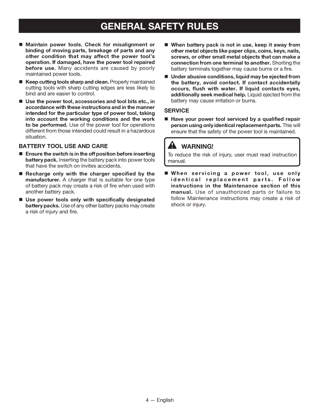 Ryobi CD100 manuel dutilisation Battery Tool USE and Care, Service 