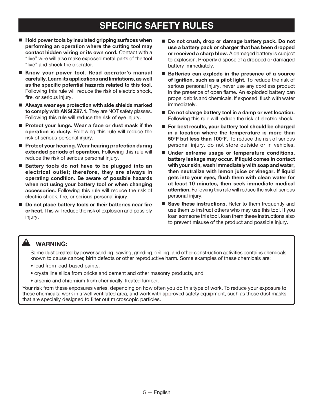 Ryobi CD100 manuel dutilisation Specific Safety Rules 