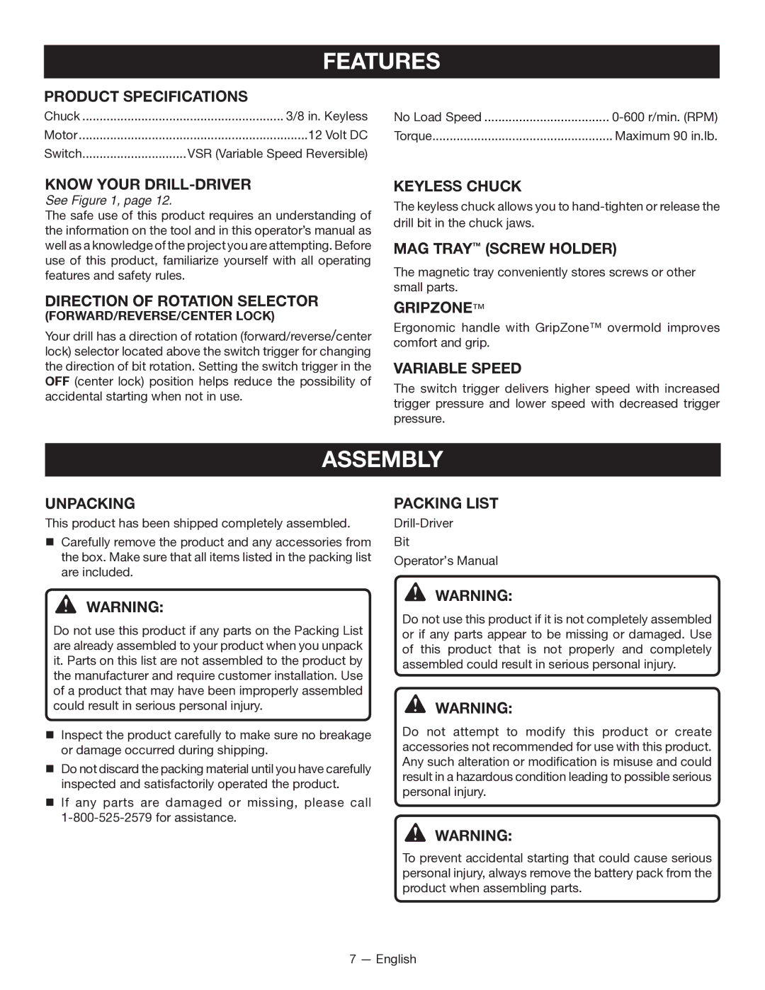 Ryobi CD100 manuel dutilisation Features, Assembly 