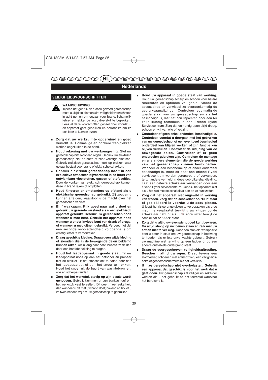 Ryobi CDI-1803M manuel dutilisation Nederlands, Veiligheidsvoorschriften, Waarschuwing 