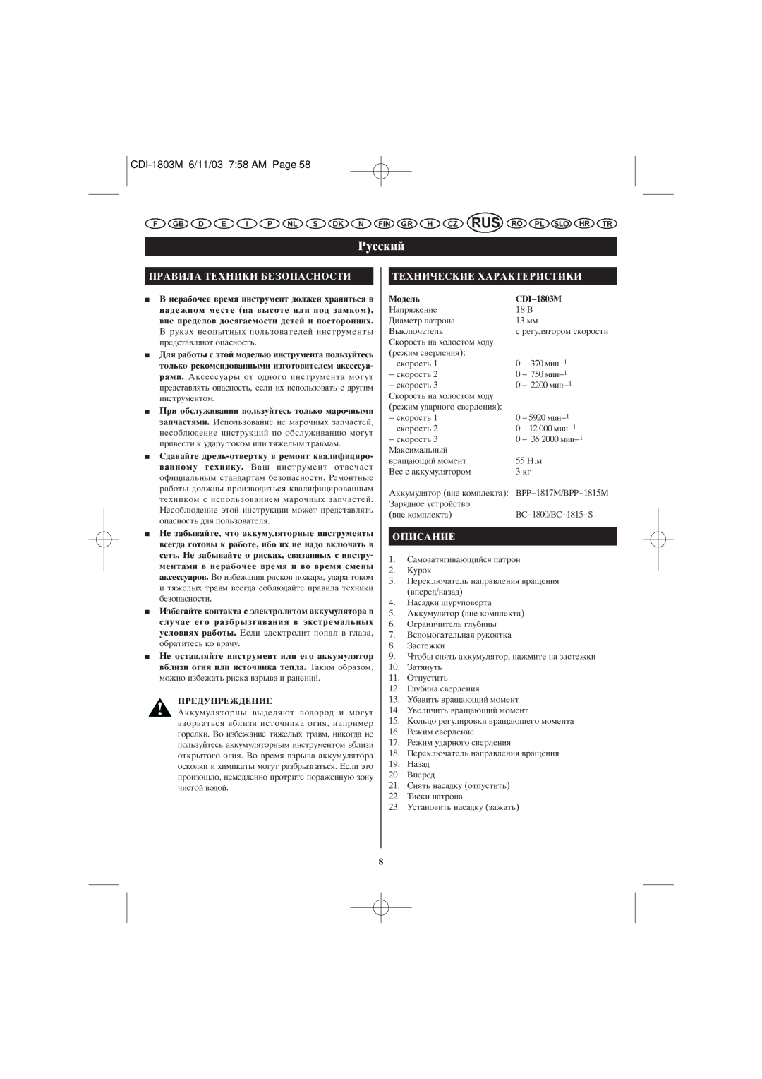 Ryobi CDI-1803M manuel dutilisation ÍÖïçàóÖëäàÖ ïÄêÄäíÖêàëíàäà 