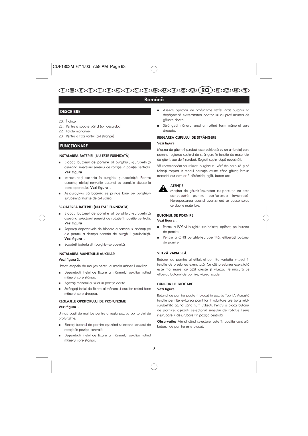 Ryobi CDI-1803M manuel dutilisation Funcţionare 