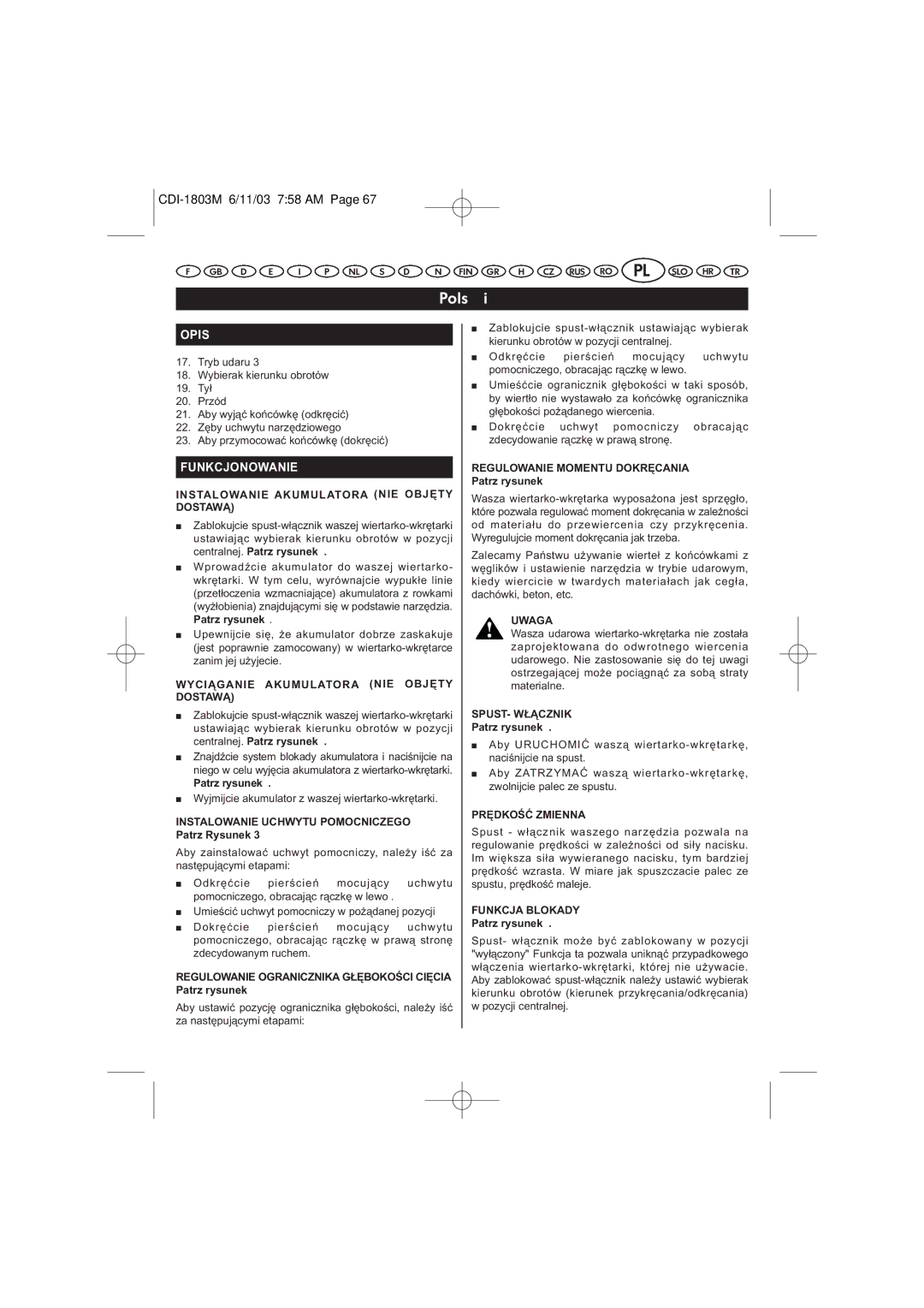 Ryobi CDI-1803M manuel dutilisation Funkcjonowanie 