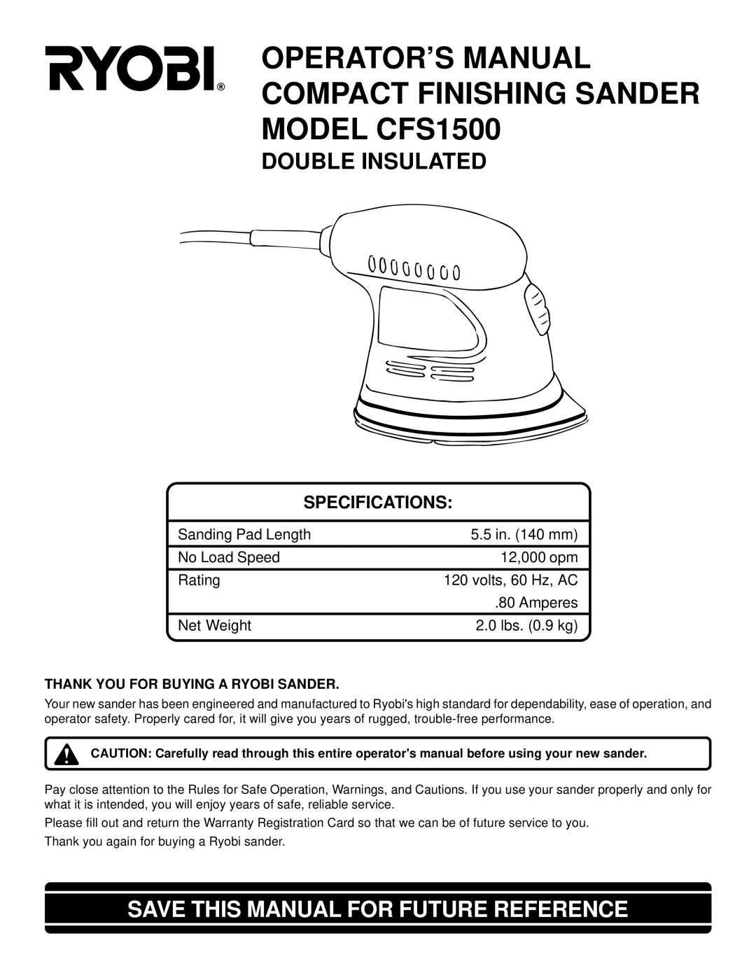 Ryobi CFS1500 specifications Save this Manual for Future Reference, Specifications 